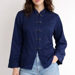 Reformation Blue Silk Frog Button Asian Style Blouse Top Womens Medium